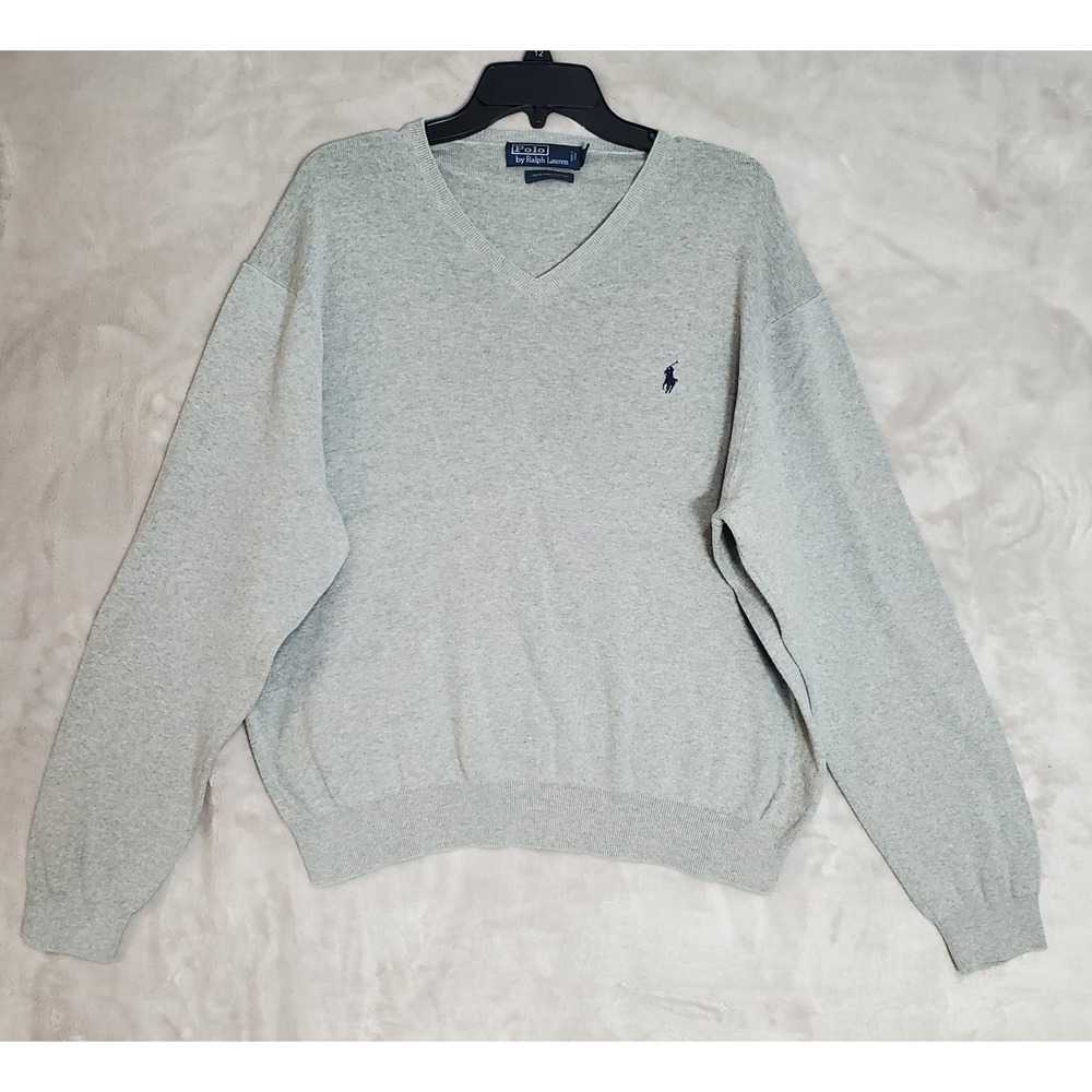 Polo Ralph Lauren V-Neck Sweater Pima Cotton Mens XL Gray‎ Navy Pony Logo EUC